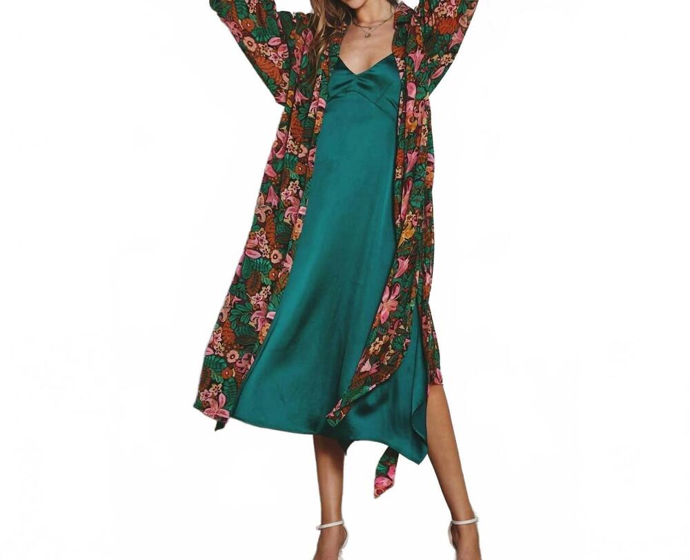 NEW DRESS FORUM fleur draped sleeve open front duster in tropical floral print
